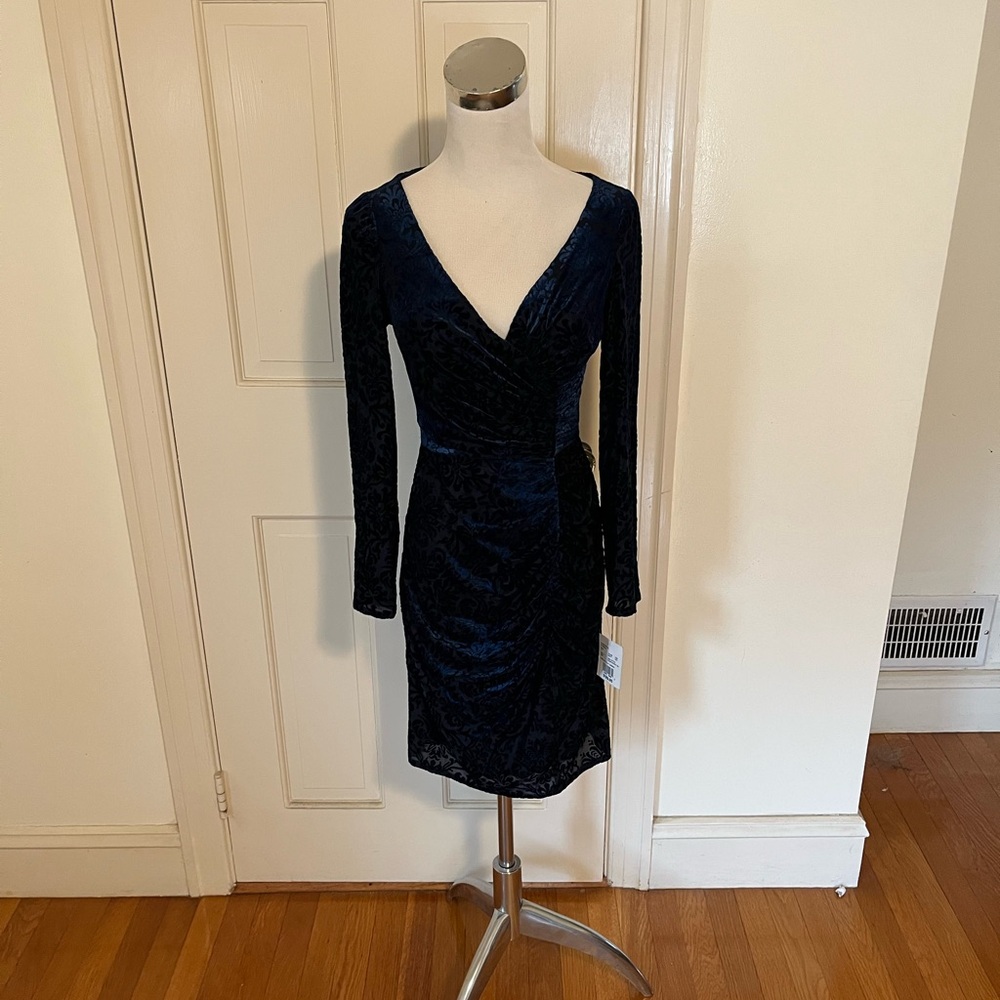 NWT DB Studio Velvet Baroque Pattern Long Sleeve Burnout Navy Dress Sz 4 Read